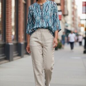 NWT Blue Patterned Tie-Neck Blouse - Lightweight Women's Top Apny